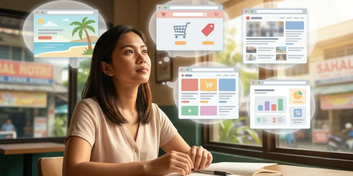 A woman surrounded by thought-bubble mockups of different website types — a travel page, a shopping page, and a blog page — representing the range of everyday browsing a cleaner extension supports