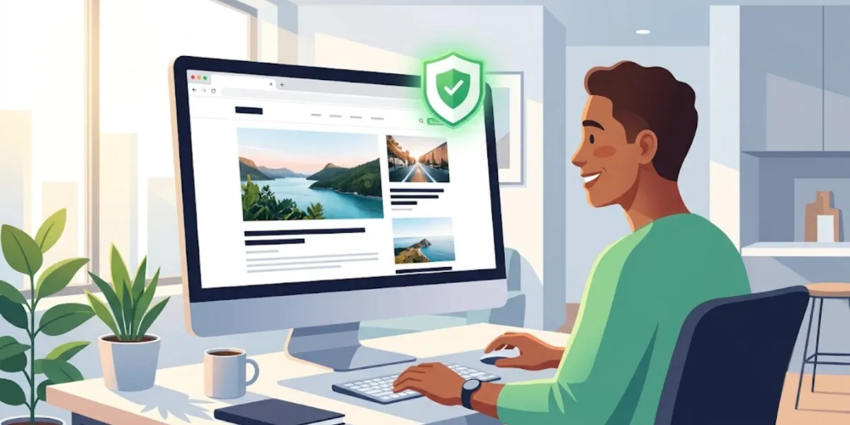 A man at a desktop computer looking at a browser window with a glowing green shield checkmark overlay, signaling a protected, cleaner browsing session, in a bright home office